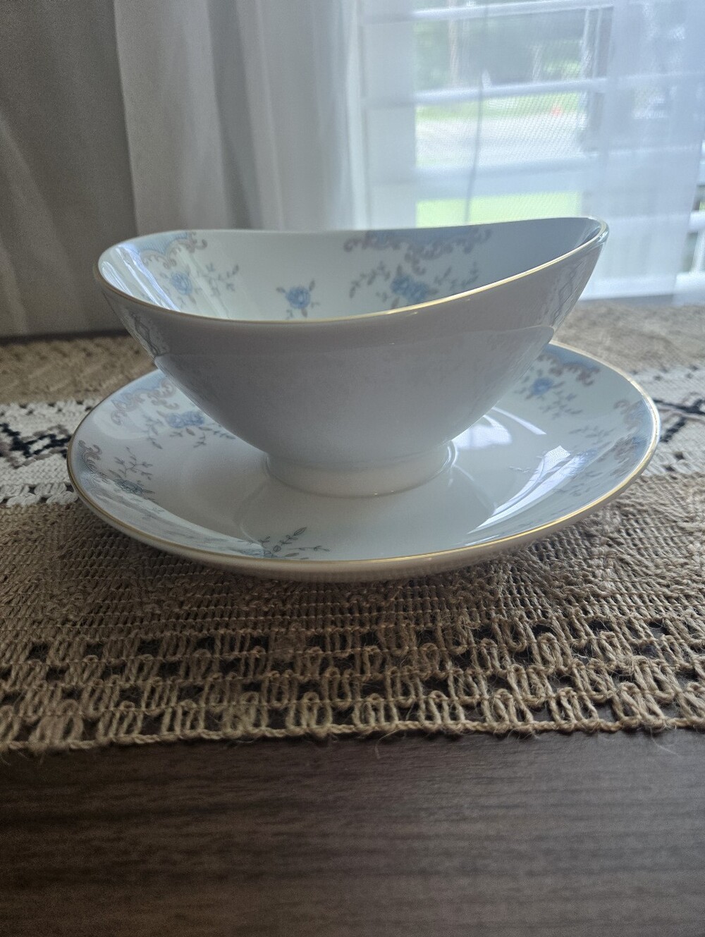 Vintage Imperial China Seville White and Blue Floral Sauce Boat with Underplate